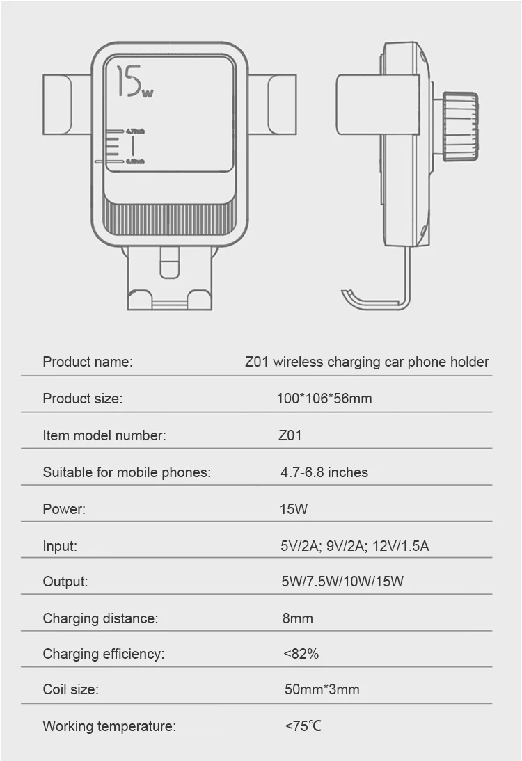 15W Fast Charging Wireless Car Charger with 12-24V Voltage and 1 Year Warranty for iPhone