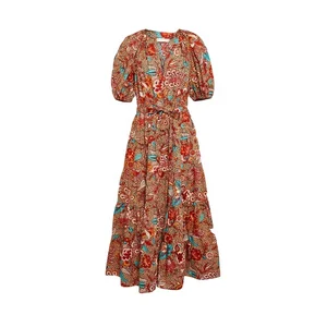 Factory Customized Wholesale Summer Customized New V-neck Printed Cotton Mid Length Dress Paired with Large Swing Dress