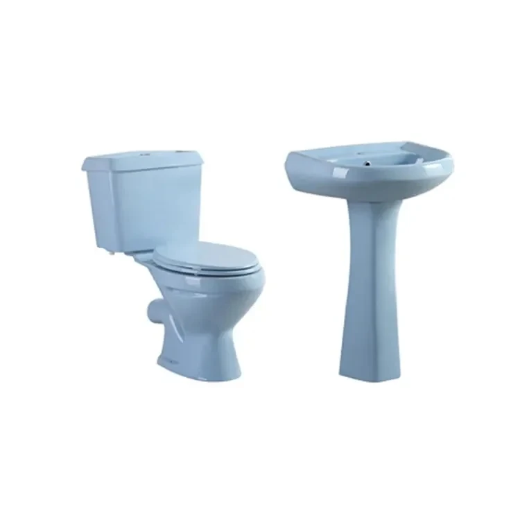 AIDI Cheap Economic Set Washdown P-trap Toilet Pedestal Basin  Blue color Bathroom Set