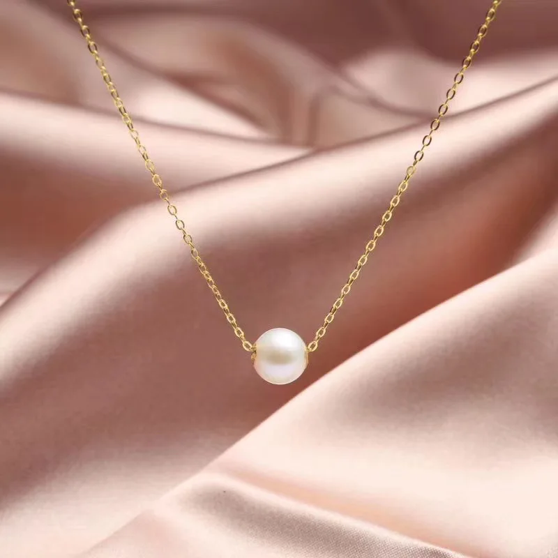 Diy Dainty Multi 18K Real Solid Yellow Gold   Pearl Bead Tiny Choker Chain Freshwater Pendant Natural  Pearl Necklace for Women