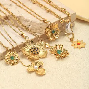 MW Flower Retro Sunflower Zircon Light Luxury Stainless Steel Real Gold Plating Women's Palace Style Daisy Pendant