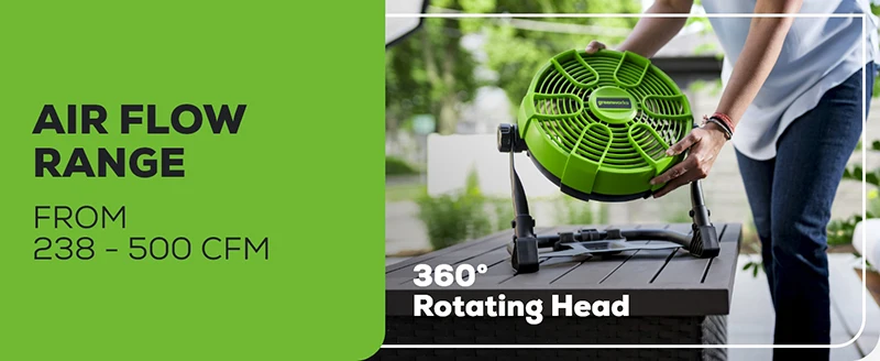 Greenworks 24V Ventilator 10" (5 Geschwindigkeiten) 500 CFM Hybrid 360° drehbar (AC/DC) mit Netzteil, 4-Ah-Akku und Schnellladegerät_voghion.com