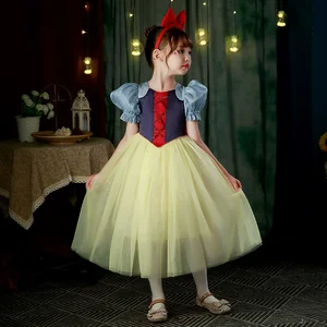 Summer Party Kids Costume Snow White Princess Dress Yellow Tulle Puff Sleeve Decoration Stage Performance Girls Dress