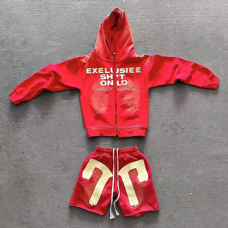 Custom Acid Wash Sun Faded Distressed Vintage Hoodie and Sweat Shorts Custom Full Zip up Hoodie Puff Print Shorts Set for Men gallery 4