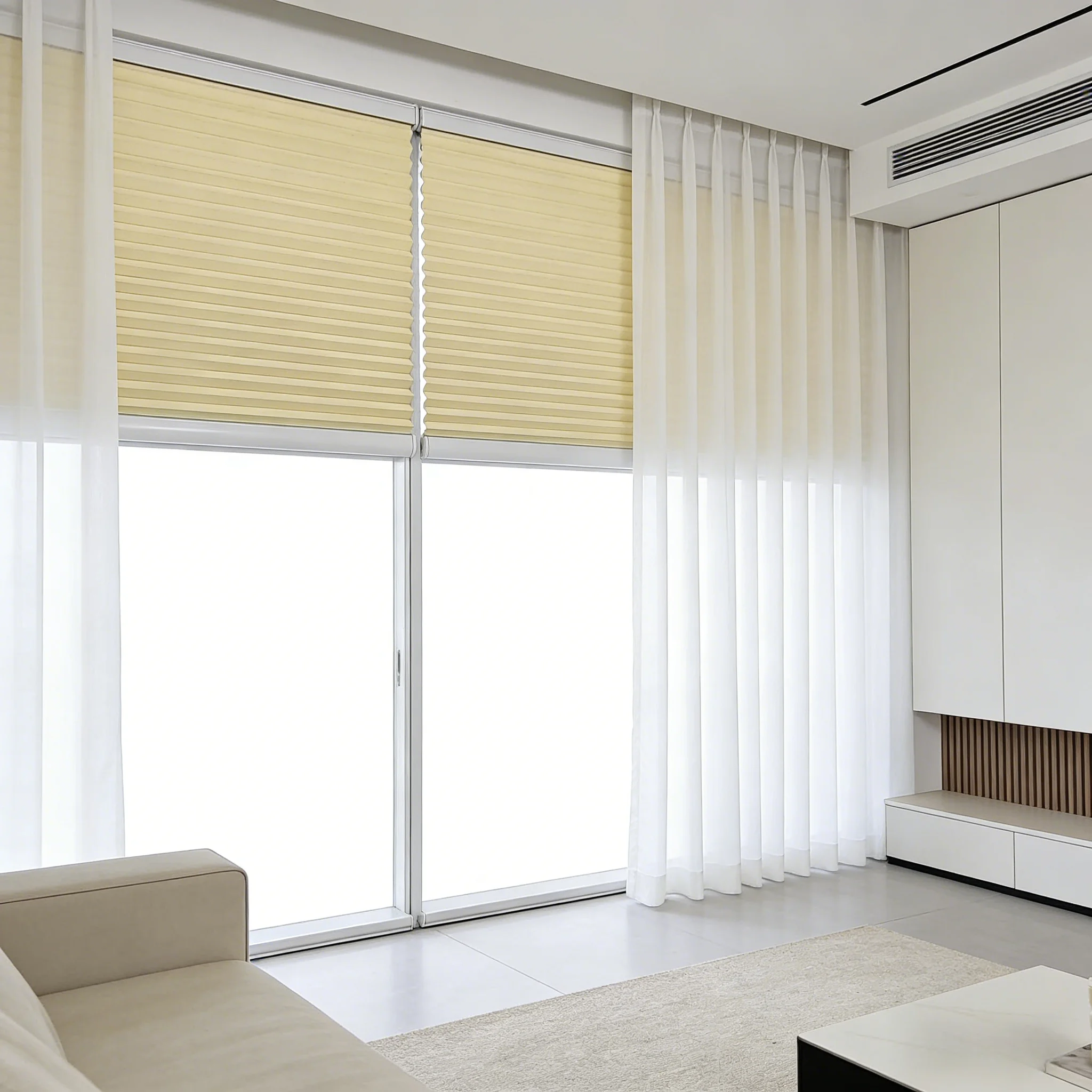 มู่ลี่ผ้าโพลีเอสเตอร์แบบทำมือคุณภาพสูง ชนิดกันแสงรบกวน (Blackout) แบบรังผึ้ง สามารถปรับแต่งได้ พร้อมคุณสมบัติกันรังสี UV สำหรับใช้งานทั่วไปในบ้าน สำนักงาน และสถานที่ทำงาน