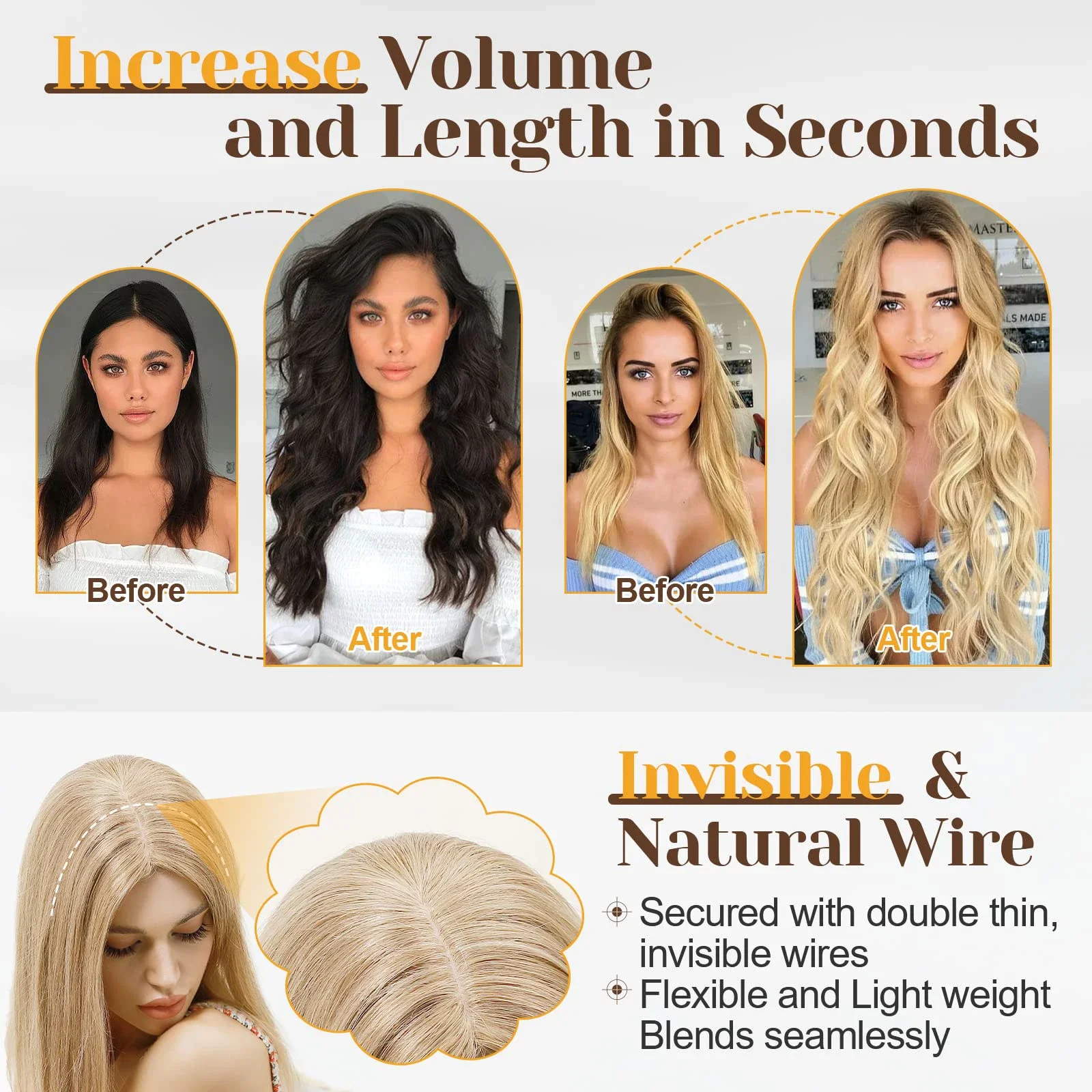 Invisible Fish Line Hair Extensions Real Human Hair Headband Dark Brown #2_voghion.com