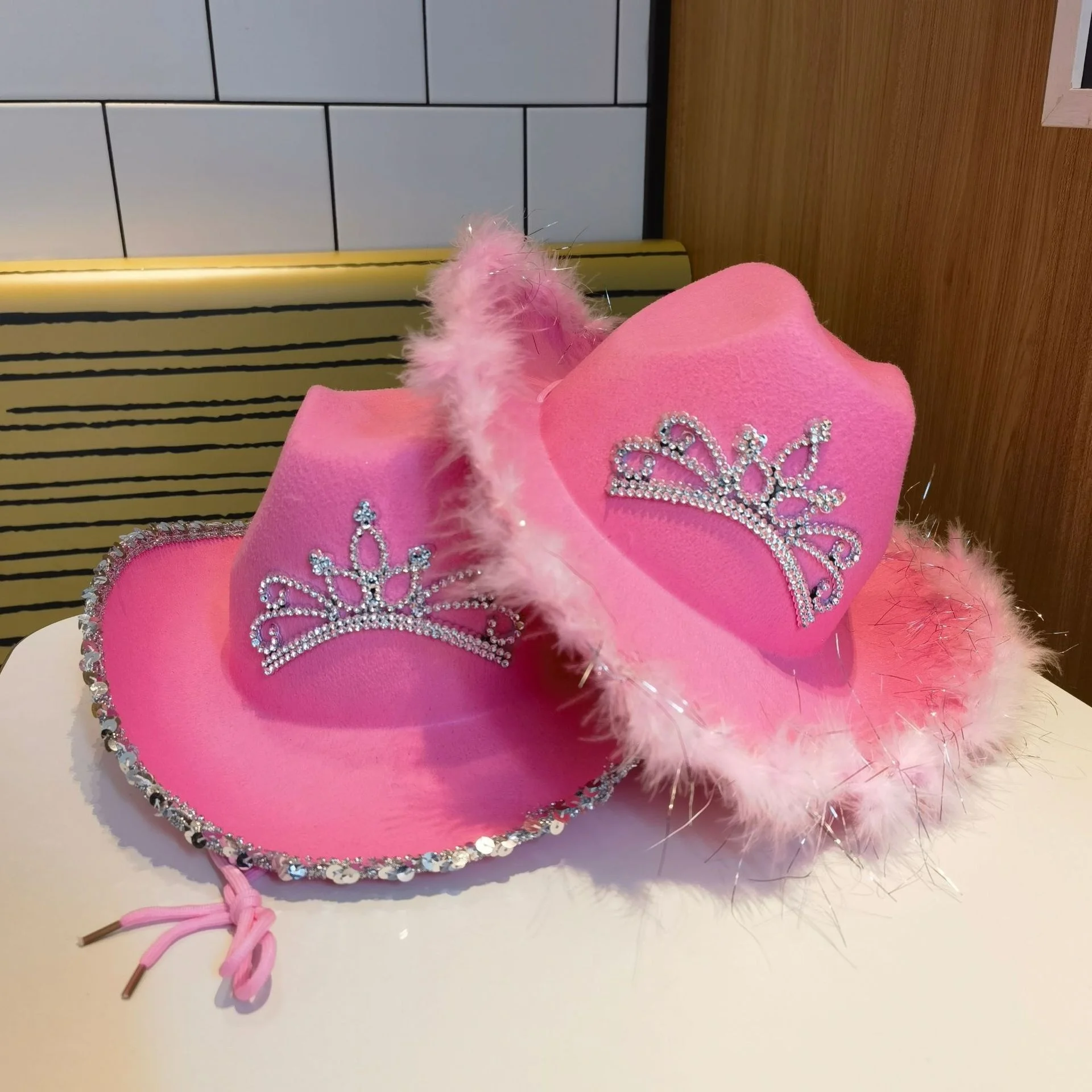Pink Fluffy Cowgirl Hat With Tiara WD-A921 Unisex Cowboy Hat Pink