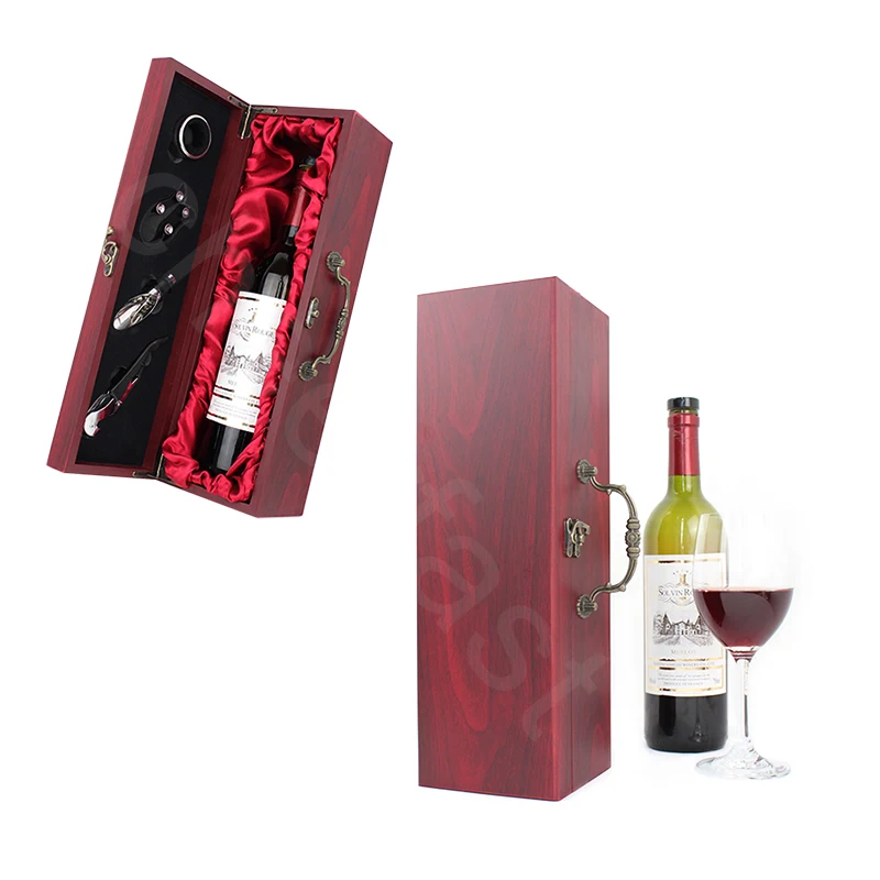 Most Popular 750ML Red Wine Single Bottle Gift Box and 4 Piece Accessories Kit With Metal Handle Wine Wooden Single Box