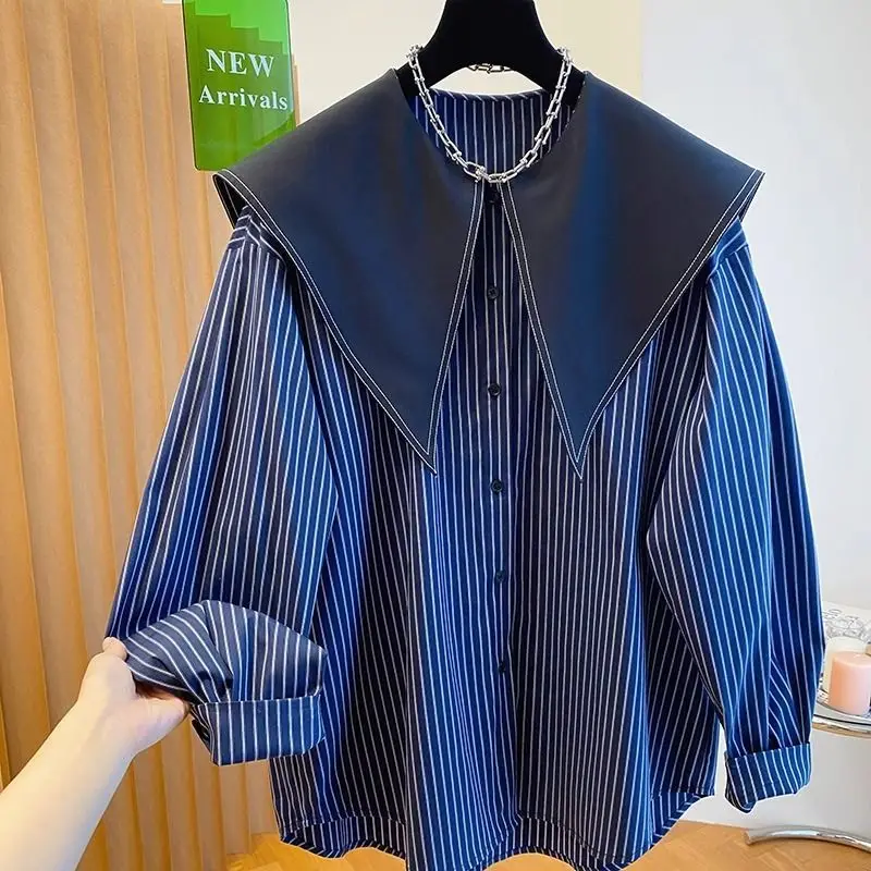 French Doll Collar Button Long Sleeve Shirt for Women Autumn Design Fashionable Striped Navy Collar Top Polyester