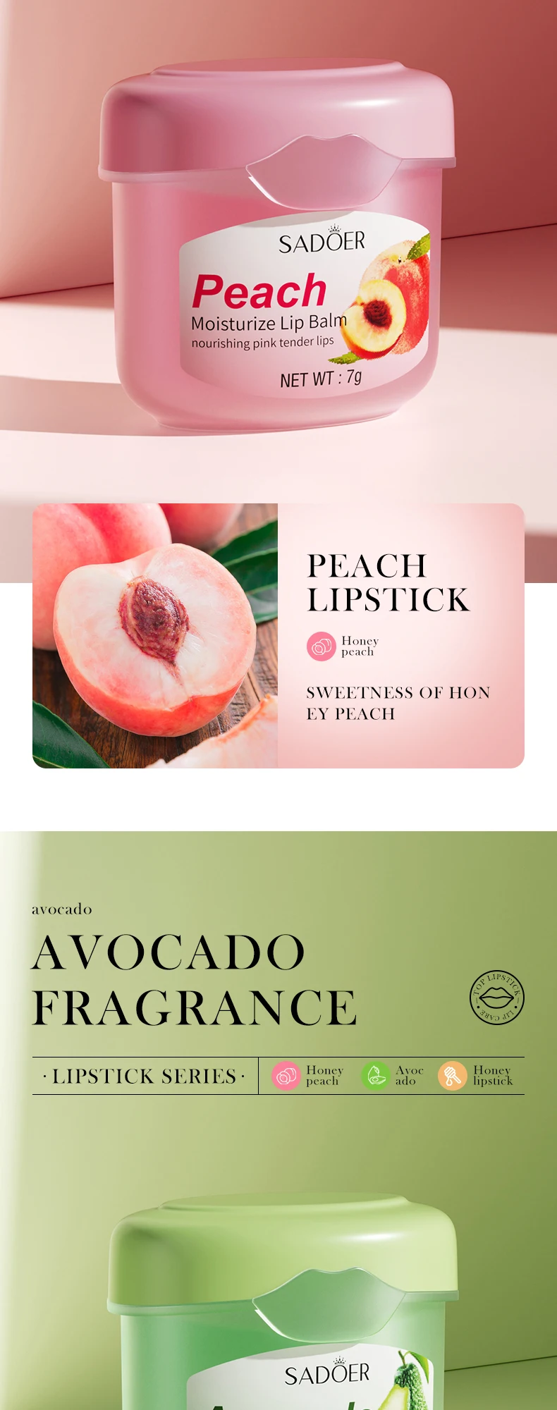 SADOER honey avocado peach moisturizing anti drying lightening lip lines exfoliating lip balm factory