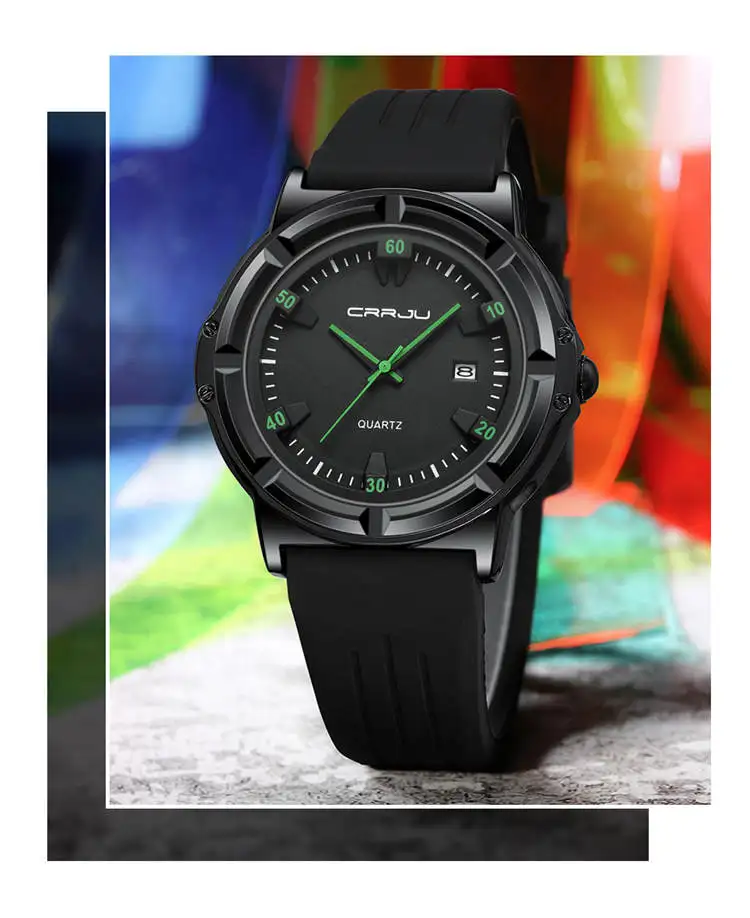 Crrju Watch 5030 Elegant Custom Logo Man Quartz Watch Stylish Silicone Band  Waterproof Date Display Character Casual Watch Set
