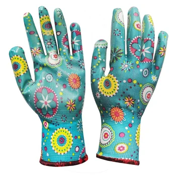 GD3002 Women Flower printed Gardening glove non-slip Transparent Nitrile palm coated work hand gloves for lady