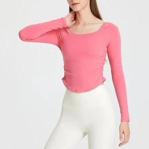 OEM Side Fold Comfortable Gym Breathable Sport Yoga Top Active Wear Women's Low Neckline Long Sleeves Shirts