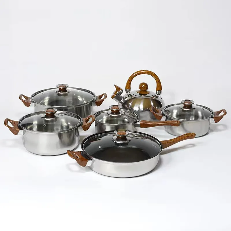 12 шт. набор кастрюль нового дизайна с деревянной ручкой и водой кухонных из нержавеющей стали европейская стеклянная