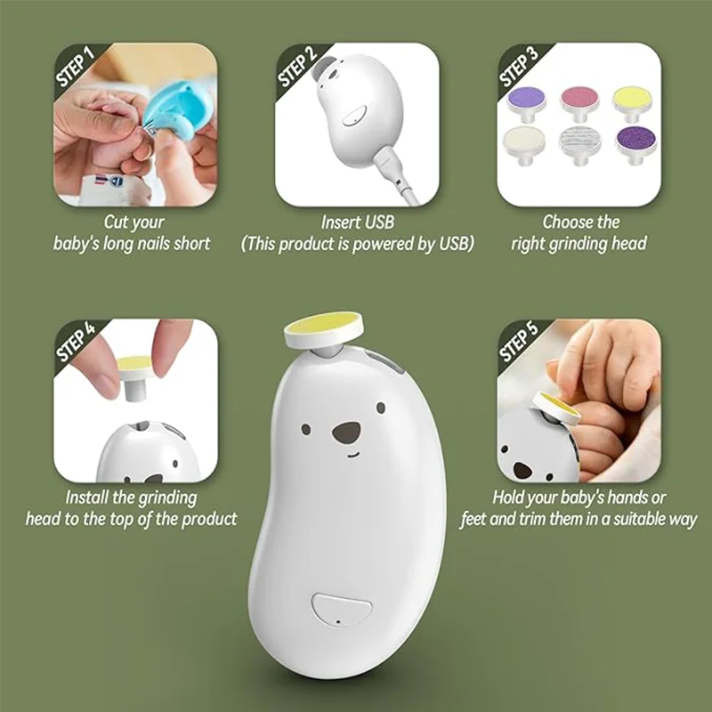 Baby Nail Trimmer with LED Light Polisher Electric Clipper Set for Newborns USB Rechargeable All-in-One Baby Nail Care Kit