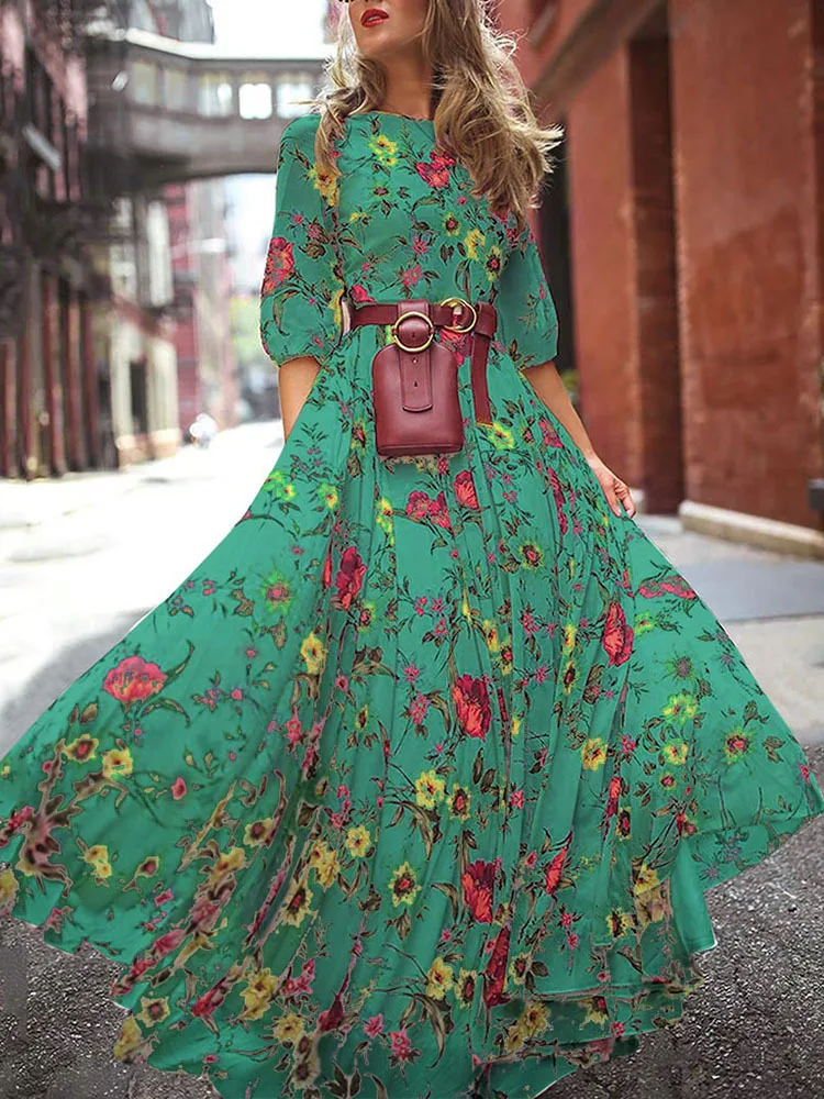 Wholesale Clothing Summer Long Sleeve Dresses Boho Bohemian Ball Gown  Floral Dress