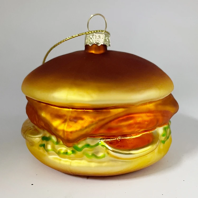 Small glass meat beef vegetable cheeseburger hamburger burger & fries ready fast food xmas christmas tree hanging home ornaments