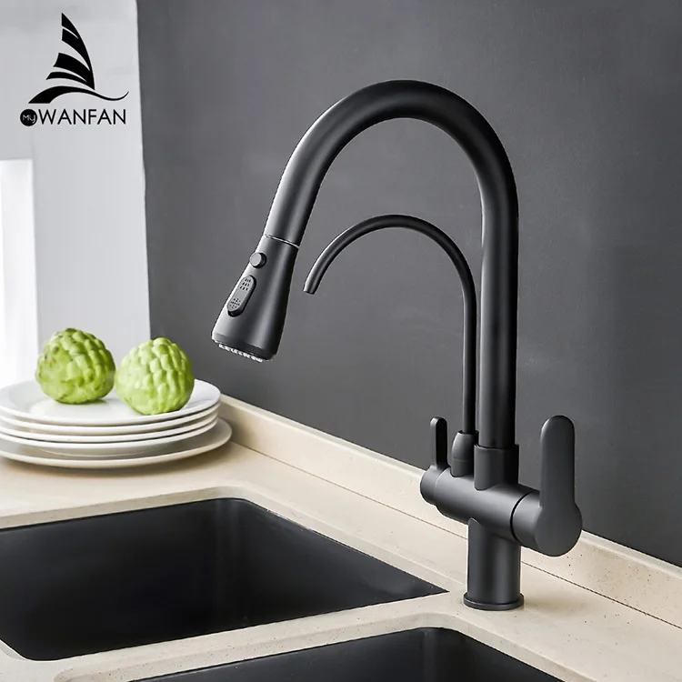 Water Filter Faucet Pull Out  3 Ways Filter Spray 1 Hole 2 Handle Kitchen Faucet Tap Mixer Matte Black