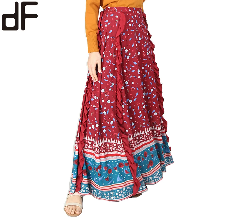 Day Look OEM Factory Customized Islamic Long Skirts for Women Maroon Floral Print Ruffle a Line Skirt Muslim Ladies Skirts