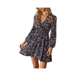 Women's Casual Summer Dress Floral Ruffle Satin Surplice V Neck Long Peasant Sleeve Elastic Natural Waist Mini Flowy for