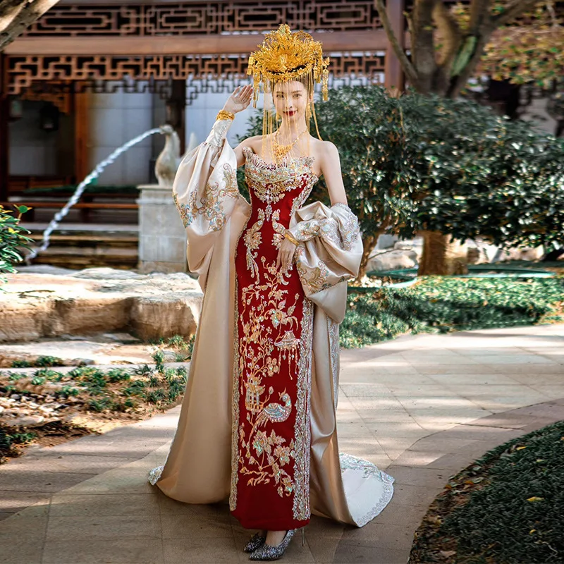 S0125A Red Strapless Chinese Bride Heavy Craft Mermaid Engagement Skirt for  Parties Wedding Dress