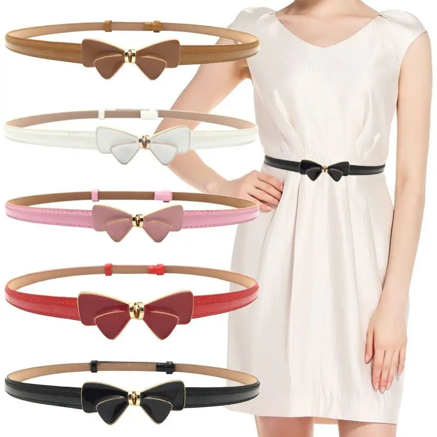 Women Dress Skinny Patent Leather Belts Thin Waist Belt Gold Solid Color  Buckle