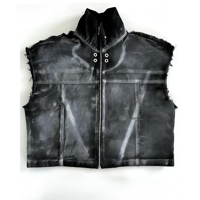 Vintage-style Distressed Zip-up Heavy-duty Jacket Sleeveless Men's Terry-lined Denim Vest Stone-washed Distressed