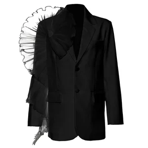 Customize Single Breasted Solid V-neck Anti-Wrinkle Breathable Cotton Fashion Button Blazer for Women Oversize Mesh Ruffle