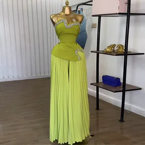 STOCK Two Colors Women's Two Pieces Set Rhinestone Tube Top and Pleated Wide Top Pant Set Plus Size Clothing S-2XL