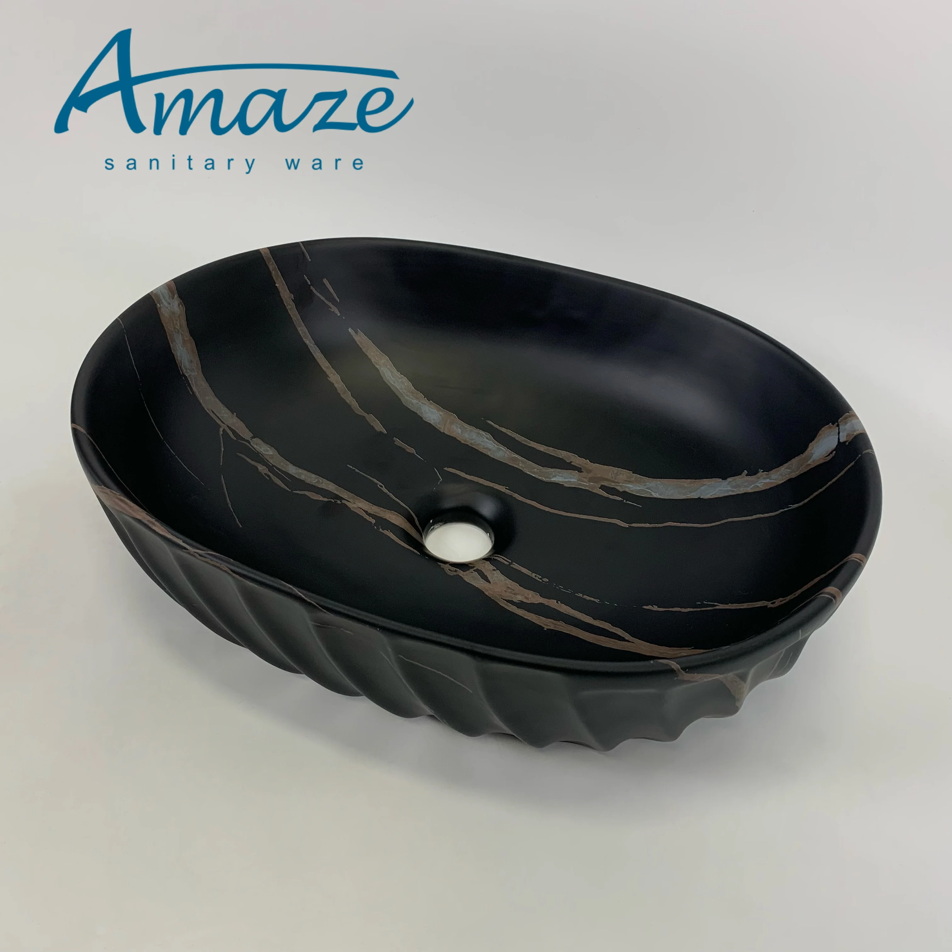 Oval modern ceramic black marble design art basin bathroom wash basin hotel countertop sink manufacture