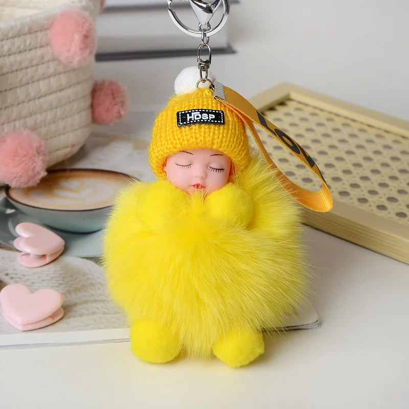 3color Cute Sleeping Baby Doll Cartoon Jewelry Keychain Pompom Fur Ball Key  Chains Car Keyring Women Key Holder Bag Pendant Charm Accessories