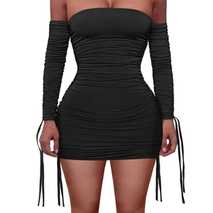 Fashion Design Club Dress off Shoulder Ruched Long Sleeve Woman Sexy Bodycon Mini Party Dress