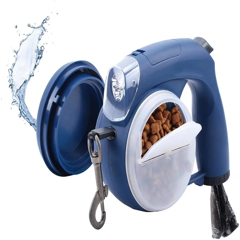Automatic Multi-Functional LED Retractable Dog Leash Poop Bag Dispenser Flash Light Storage Bowl Leather Material Printed
