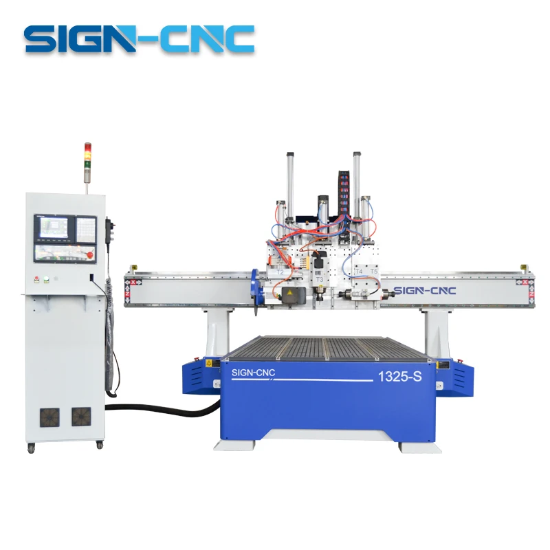 Three Heads CNC Router With Horizontal Spindle and Saw Cut Wood CNC Router Machine