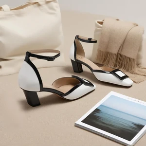 Elegant White  Black Chunky Genuine Leather Shoes for Women Plus Size Comfortable Slip-On Design for Cushioning  Square