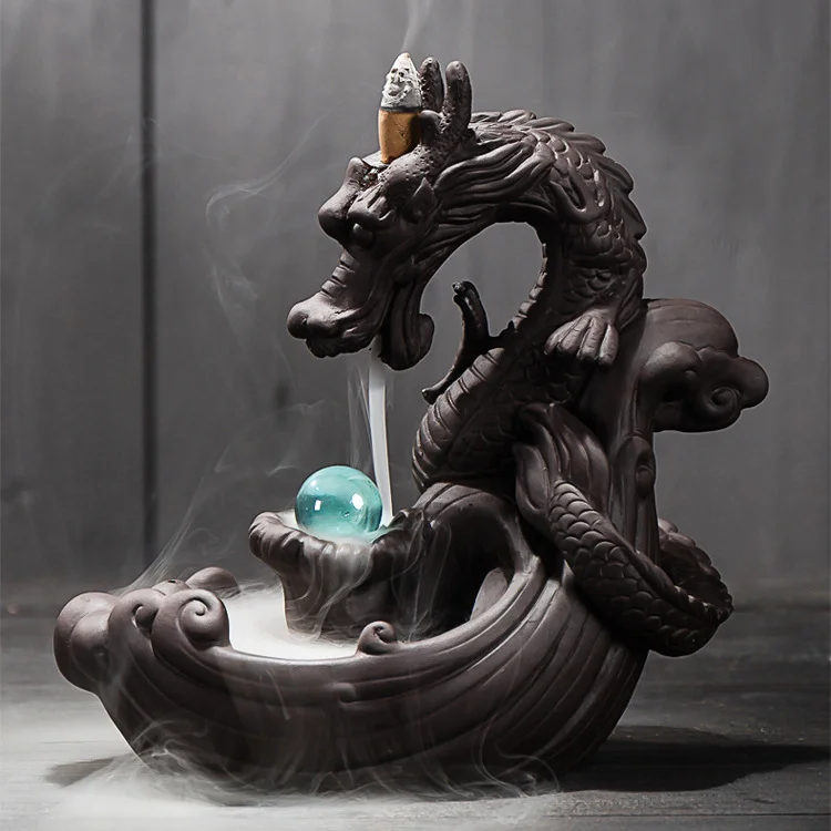 venta directa de fábrica china cerámica reflujo dragón quemador de incienso  decoración del hogar incensario con bola cristal cascada incienso titular