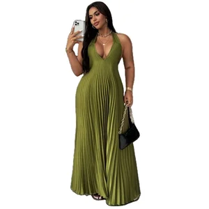Women's Casual Pleated Maxi Dress Halter Strap Back Hollow Out Detail Elastic Waist Solid Pattern Summer Chiffon Vacation Dress
