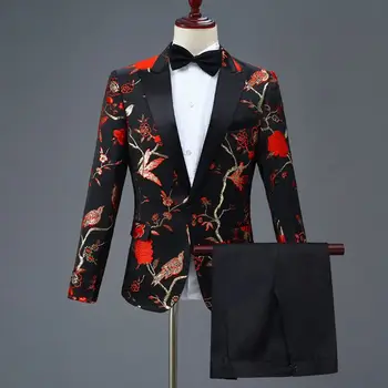 Studio Theme Men's Woodpecker Jacquard Suit Host MC Stage Singer Costume 2 Pieces Blazer and Pants Banquet Party Wedding Blazers