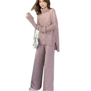Women's Casual S-XL Turtleneck Sweater and Wide Leg Long Pants Knitted Sweater and Slit Suit Loose Fit Two Piece Set