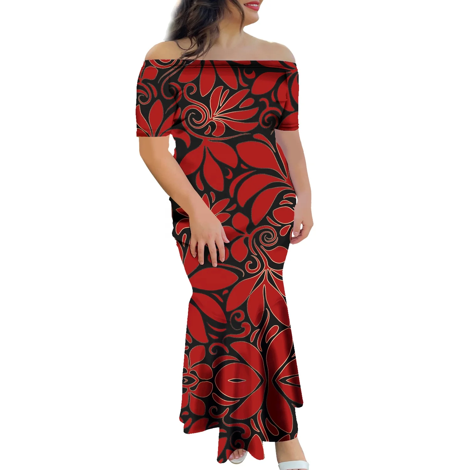 Shop Custom Red Wedding Party Mermaid Dress with Hawaiian Floral Print