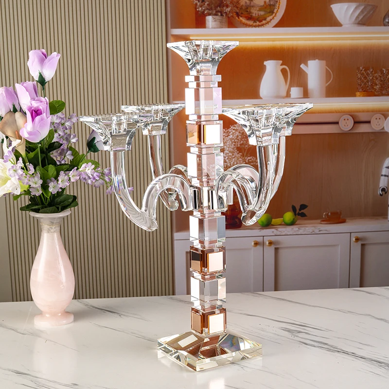 Small Bridge Glass High Long Handle Five Arm Glass Candle Holder Wedding Center Home Decoration Crystal Candlestick