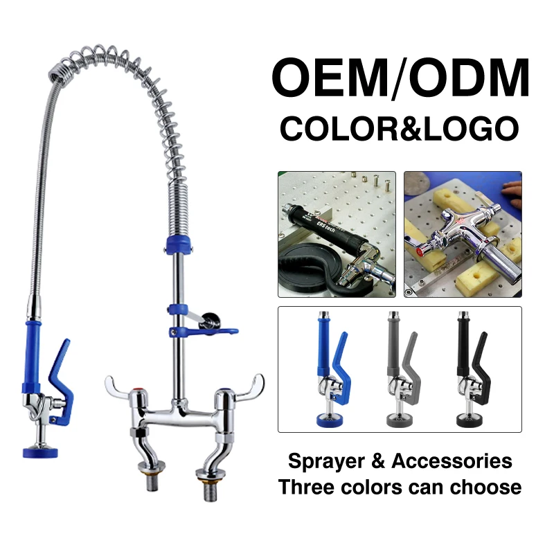 Commercial Kitchen Deck Mount Pre Rinse Faucet Restaurant Sink Taps Sprayer Faucets with Add-on Riser Spout for Dishwasher manufacture