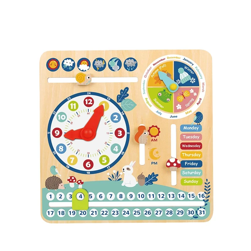Montessori 6 in 1 Multi-functional Wooden Calendar Toy Clock Date Educational Toys for Kids Learning