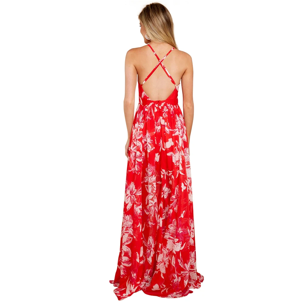 Print Floral Loose Boho Deep V Neck Backless Long Women Dress  Maxi Dresses  Sexy Back Cross Beach Summer Dress