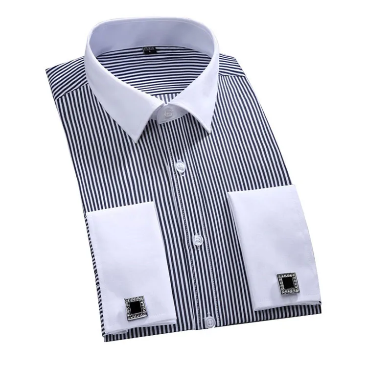 Camicie eleganti a maniche lunghe in tessuto twill da uomo a righe con risvolto jacquard da ufficio business con bottoni548_voghion.com