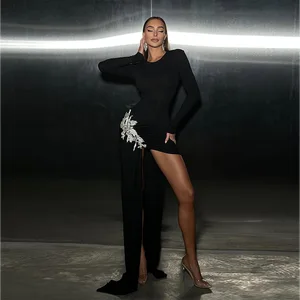 Women's Black Diamond Long Sleeve for Bandage Dress Sexy A-Line Mini Dress for Summer Cocktail Club Parties Chiffon Natural