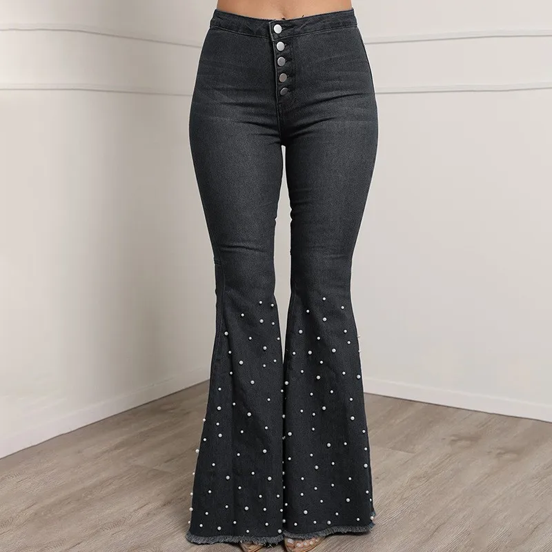 2022 Custom LOGO Casual Beaded Flared Trousers Ladies Denim