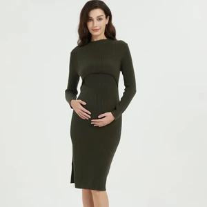 Autumn and Winter Long Knitted Solid Color Round Neck Maternity Dress for Summer Breastfeeding Designed for Pregnancy