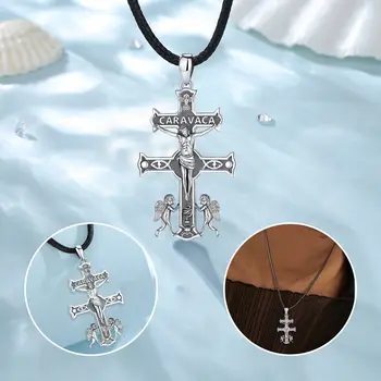Kelistom Ciondolo Crocifisso Caravaca In Acciaio Inox Argento Con Angeli Cherubini - Catena Inclusa - 4