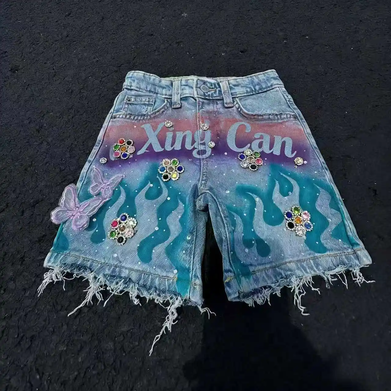 Custom High Quality Casual Denim Shorts with Retro Spray Paint Crystal Rhinestone Decoration Light Wash Vintage Process